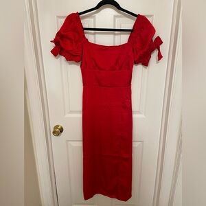 Francesca's Collections Red Midi Dress with Puff Bow Sleeves